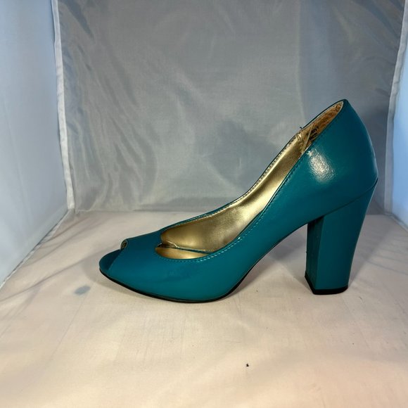Teal Faux Leather Peep Toe Heels Size 7 - Picture 3 of 6